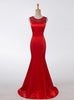 Red Mermaid Satin Beading Pearls Prom Dress