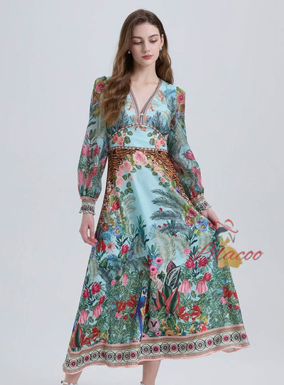 Bohemian Printed V-neck Long Sleeve Beach Dress