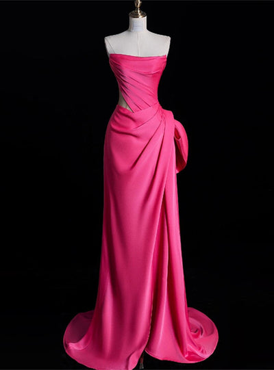 Fuchsia Mermaid Satin Strapless Pleats Prom Dress