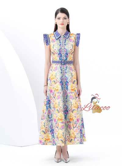 Retro Palace Printed Lapel Slim Dress