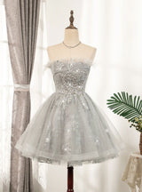 Gray Tulle Sequins Strapless Homecoming Dress