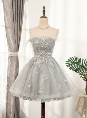 Gray Tulle Sequins Strapless Homecoming Dress