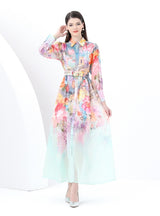 Retro Lapel Lantern Sleeve Long Printed Dress