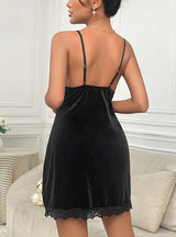 Deep V Velvet Lace Suspender Nightdress Pajamas