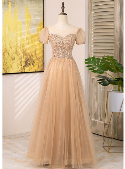 Champagne Tulle Short Sleeve Beading Prom Dress