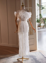 White Sequins Feather Wedding Dress