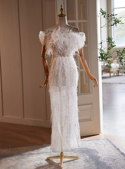 White Sequins Feather Wedding Dress