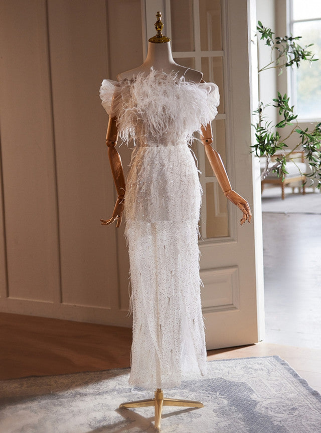 White Sequins Feather Wedding Dress