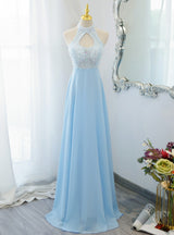 Blue Chiffon Lace Halter Beading Prom Dress