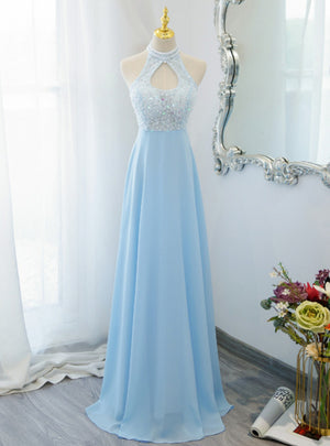 Blue Chiffon Lace Halter Beading Prom Dress