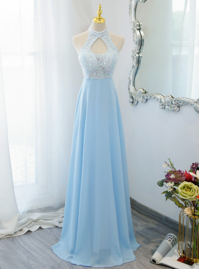 Blue Chiffon Lace Halter Beading Prom Dress