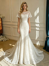 White Mermaid Lace Scoop Neck Wedding Dress