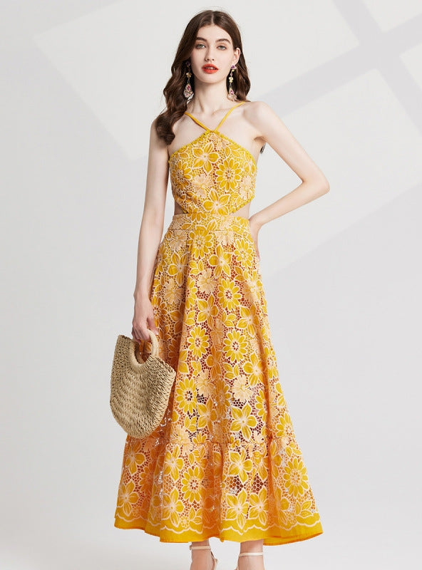 Heavy Industry Embroidery Backless Stitching Sling Dress