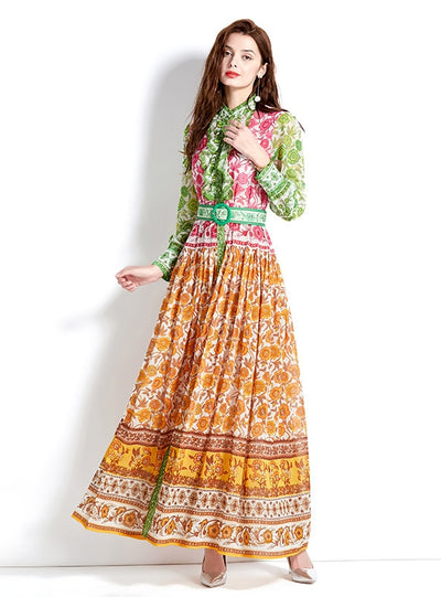 Long-sleeved Holiday Lantern Sleeve Printed Dress