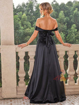 Black Satin Off the Shoulder Split Prom Dress