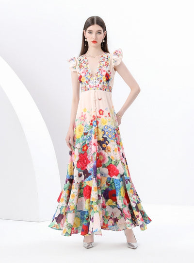 Flying Sleeve V-neck Slim Waist Printed Dress