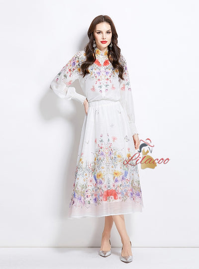 Set Lantern Sleeve Printed Shirt+Skirt Two-piece Suit