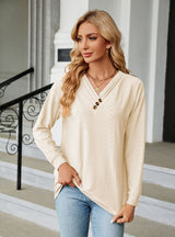 Solid Color V-neck Button Loose Long Sleeve T-shirt