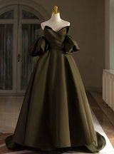 Green Satin Pleats Puff Sleeve Prom Dress