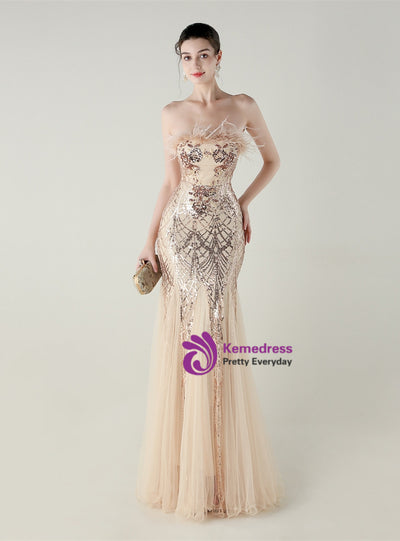Mermaid Sequins Tulle Strapless Prom Dress