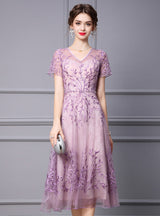 Purple Lace V-neck Mother Of The Bride Dress