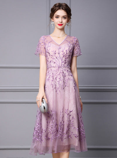 Purple Lace V-neck Mother Of The Bride Dress