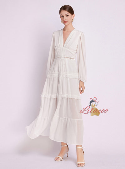 Deep V-neck Lace Long Sleeve Split Dress