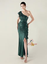Mermaid One Shoulder Sequins Split Beading Prom Dress