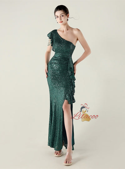 Mermaid One Shoulder Sequins Split Beading Prom Dress
