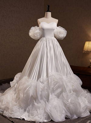 White Satin Sweetheart Pleats Flower Wedding Dress