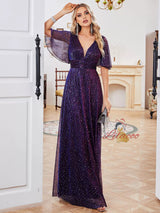 Purple Short Sleeve V-neck Prom Dress