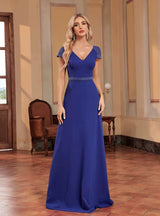 Royal Blue V-neck Cap Sleeve Beading Prom Dress