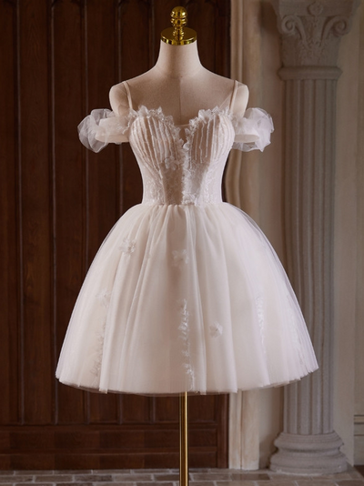 White Tulle Lace Beading Homecoming Dress