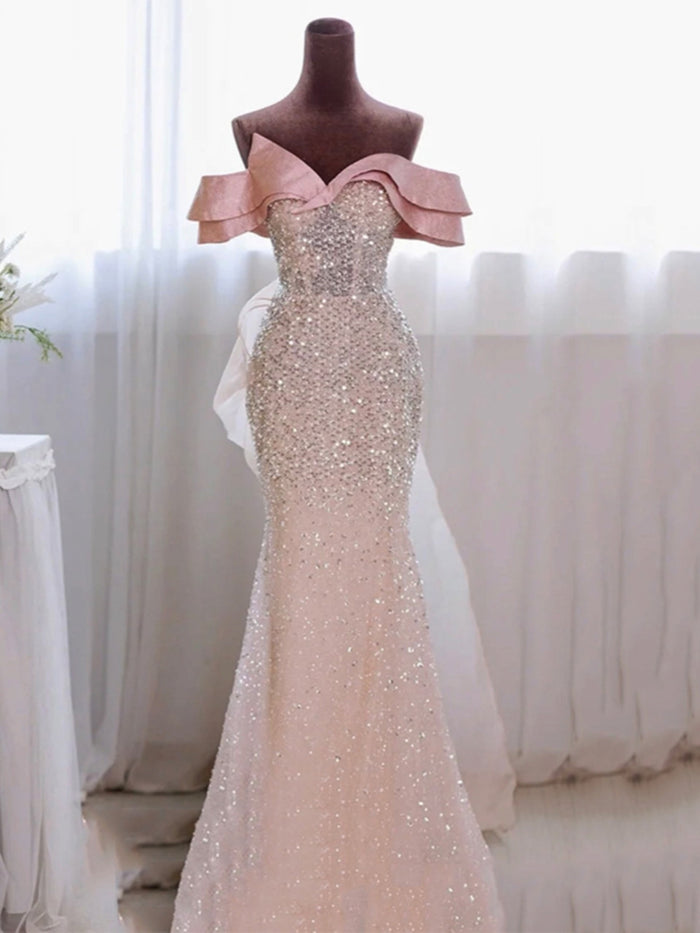 Pink Mermaid Sequins Prom Dress