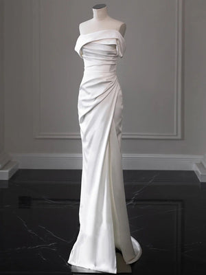 White Mermaid Satin Pleats Wedding Dress