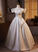 White Pleats Satin Off the Shoulder Wedding Dress