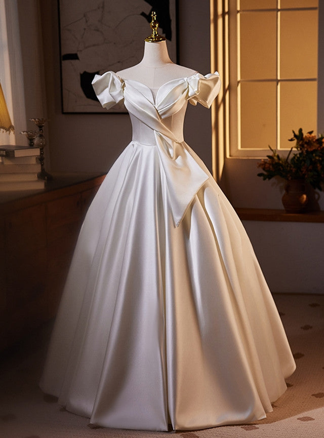 White Pleats Satin Off the Shoulder Wedding Dress