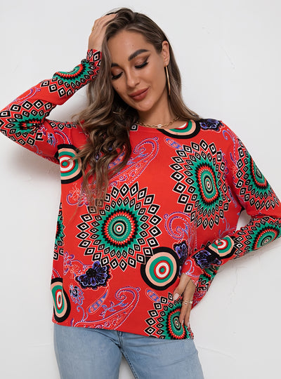 Printed Loose Long-sleeved Round Neck Sweater