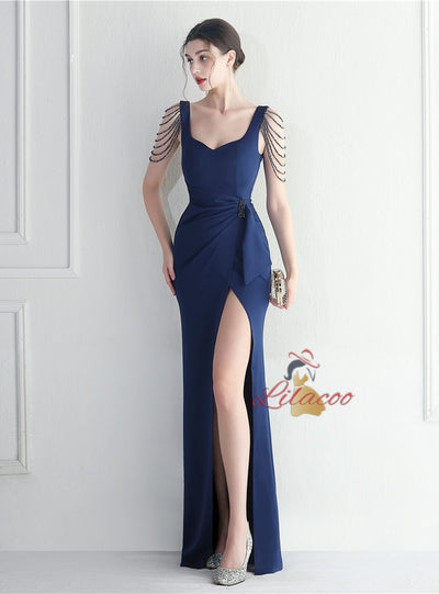 Straps Split Beading Prom Dress