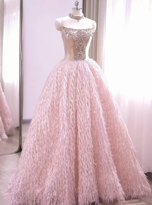 Pink Strapless Beading Crystal Prom Dress