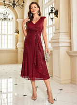 Bugundy Sequins V-neck Prom Dress