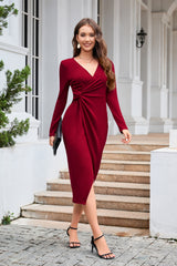 Solid Color V-neck Slim Split Long Sleeve Dress