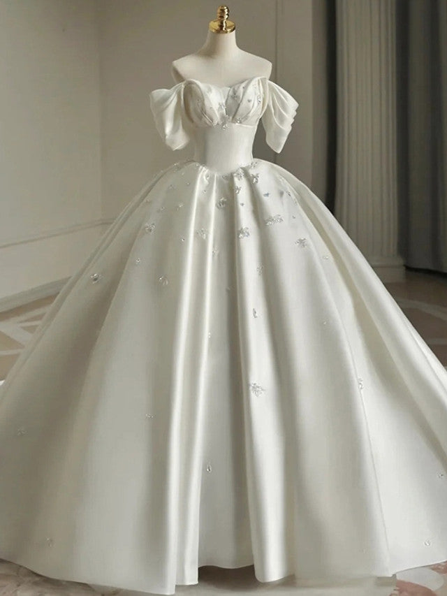 White Satin Crystal Wedding Dress