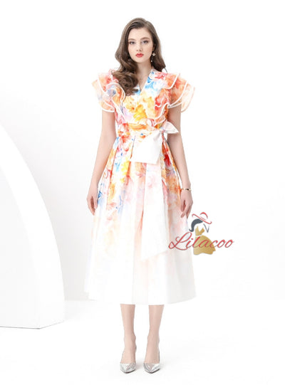 Lotus Leaf V-neck Slim Printed Long Dress