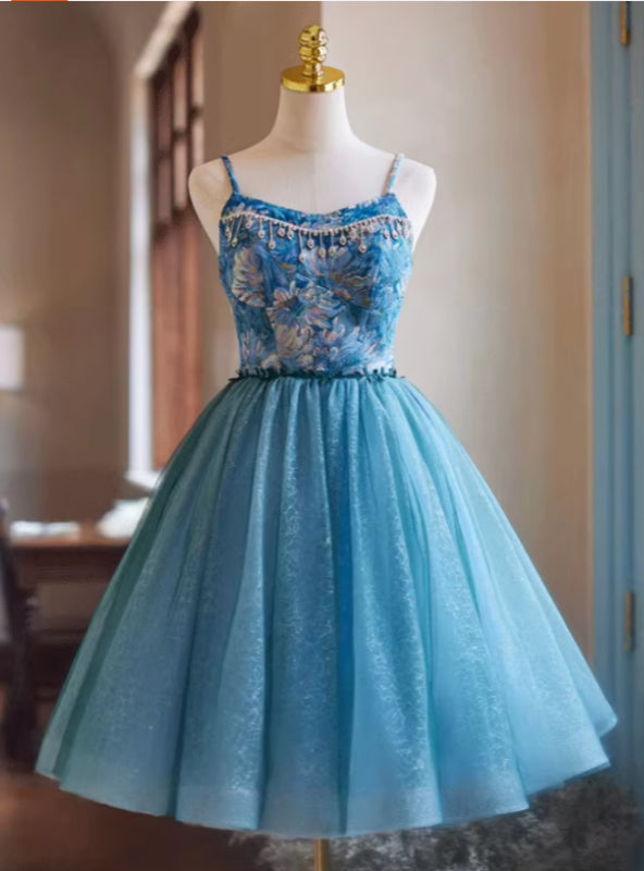 Blue Tulle Spaghetti Straps Homecoming Dress