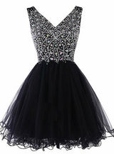 Black V-neck Tulle Beading Homecoming Dress