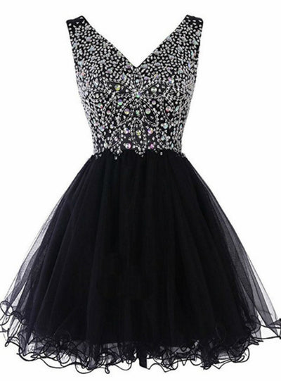 Black V-neck Tulle Beading Homecoming Dress