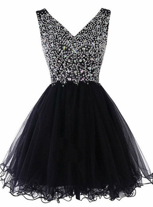 Black V-neck Tulle Beading Homecoming Dress