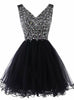 Black V-neck Tulle Beading Homecoming Dress
