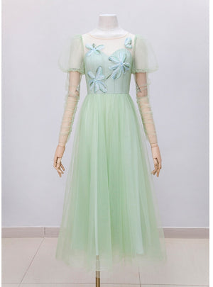 Green Gauze Long Sleeve Evening Dress